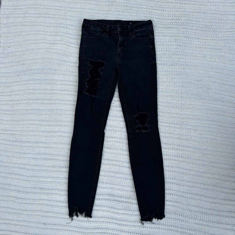 American Eagle, Black Distressed Jeans, Size 8 Long